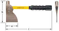 Horizontal image of a hatchet with side view. Hatchet has a yellow fiberglass handle with black super grip ridges and a bronze head. "AMPCO" is printed on the handle. Measurements are shown with labeled dimensions: "a" for the head width, "b" for the heig